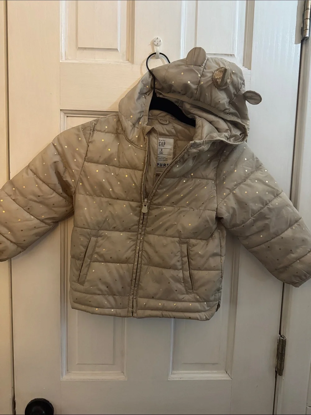 GAP Kids Light Taupe Puffer Jacket with Gold Dot Accents